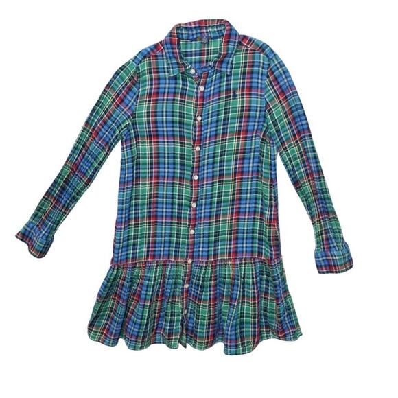 Polo Ralph Lauren Girls Plaid Flannel Ruffle Hem Shirtdress Size 12 Tartan - Picture 1 of 5